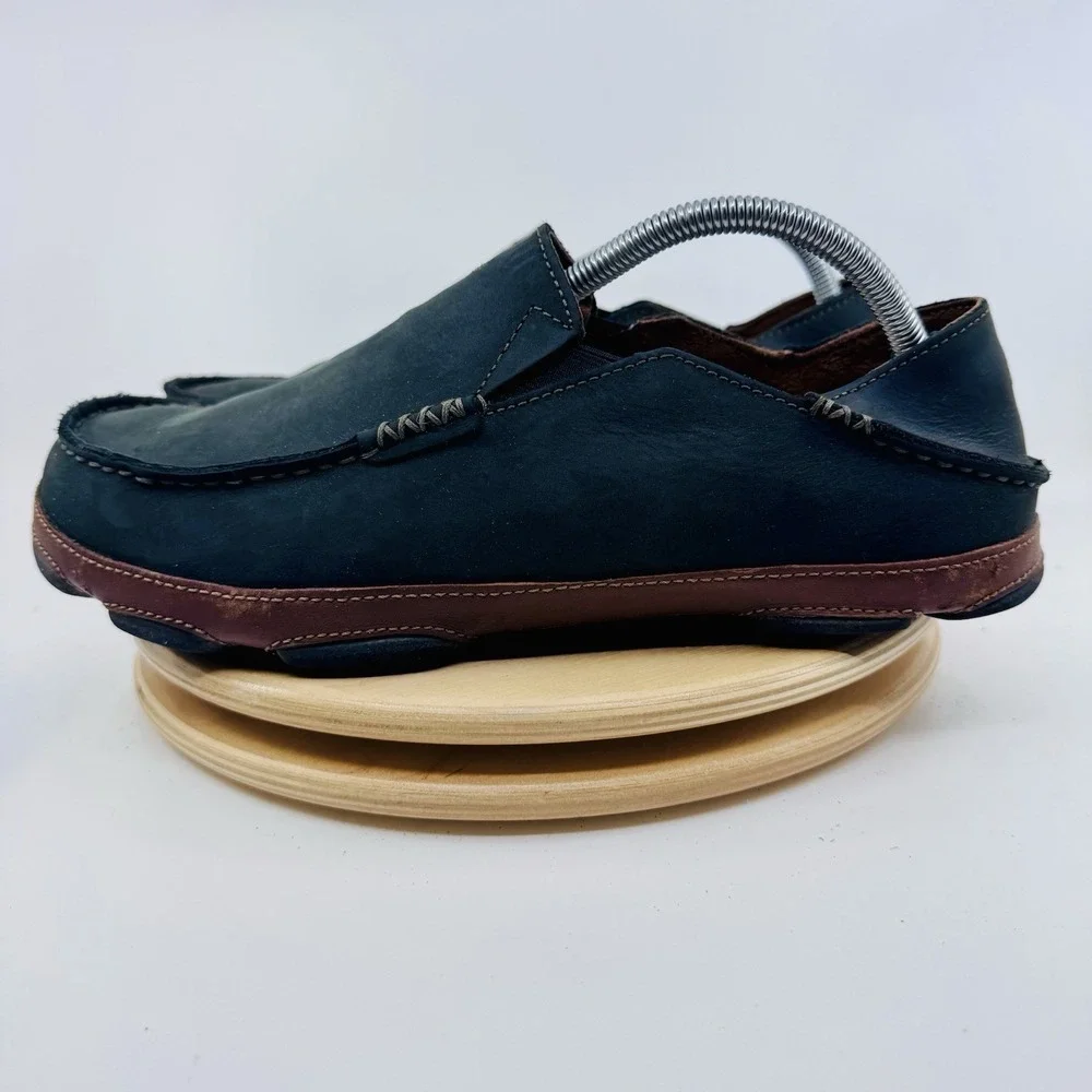 OluKai Moloa Slip On Shoes Mens 10 Black Waxed Leather Wool Lined Loafers